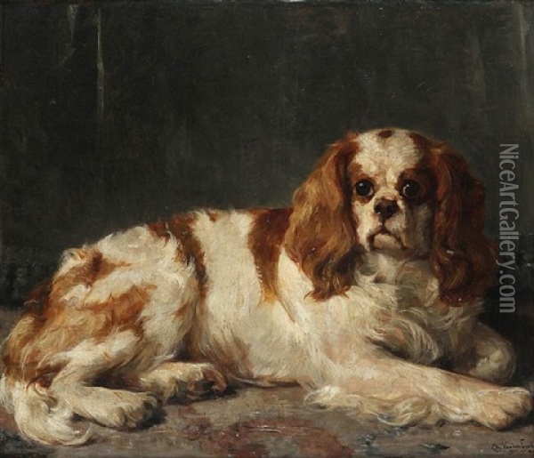 Lying Cavalier King Charles Spaniel Oil Painting - Charles van den Eycken I