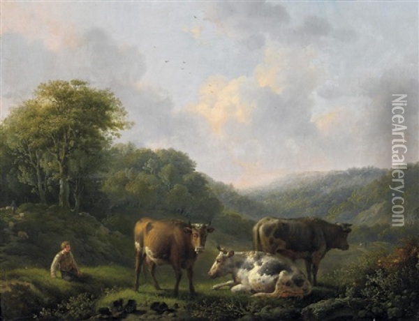 Rastender Viehhirt In Sommerlicher Hugellandschaft Oil Painting - Adolf Karel Maximilian Engel