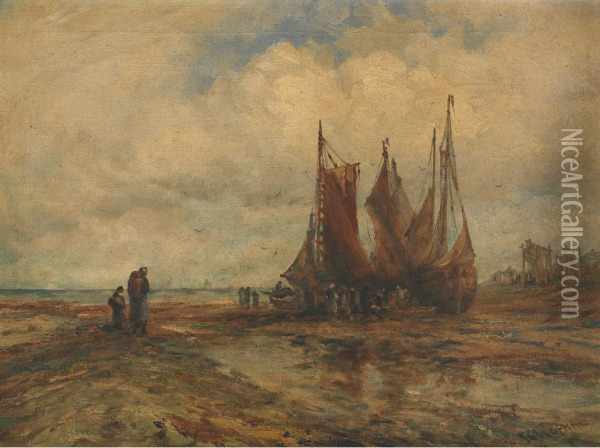 Fisherfolk On A Beach Oil Painting - Robert B. Hopkin