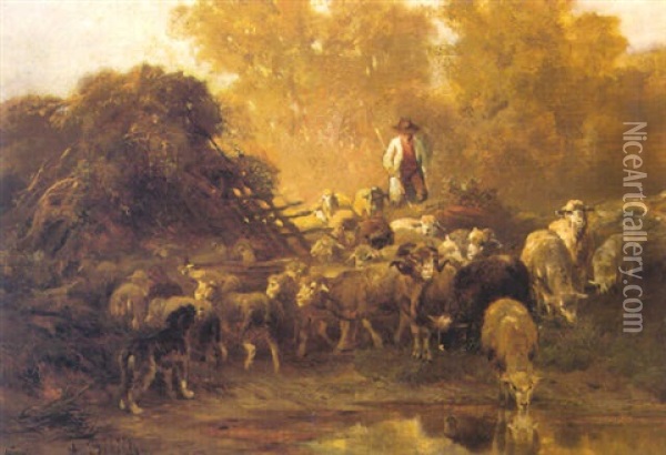 Shepherd And His Flock Oil Painting - Anton Braith