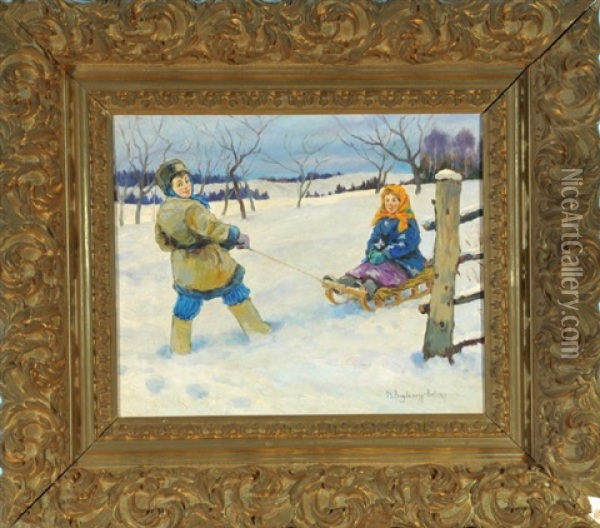Kinder Mit Schlitten In Verschneiter Landschaft Oil Painting - Nikolai Petrovich Bogdanov-Bel'sky