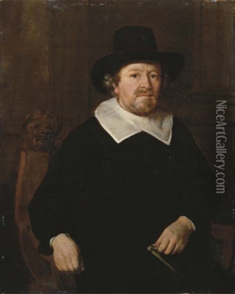 Portrait Of A Gentleman In A Black Costume With White Collar And Black Hat, A Compass In His Left Hand Oil Painting - Thomas De Keyser