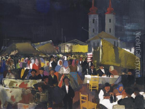 Figures In A Village Market Oil Painting - Vilmos Aba-Novak