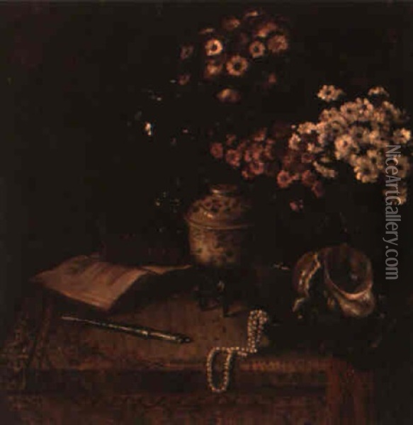 Still Life With Flowers, Books, Shell And Pearls Oil Painting - Willem Elisa Roelofs