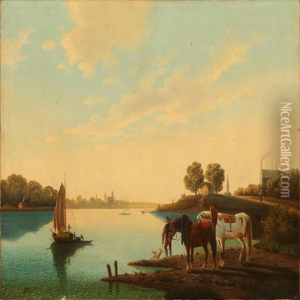 German River Scene Oil Painting - G. Kuns