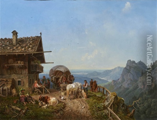 A Hostelry In Mountain Landscape Oil Painting - Heinrich Buerkel