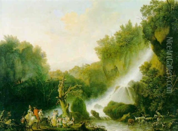 Cavaliers Et Bohemiens Pres D'une Cascade Oil Painting - Jacob Philipp Hackert