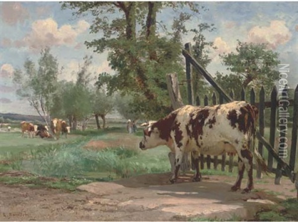 Cows Grazing In A Watermeadow Oil Painting - Leon Barillot