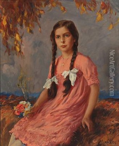 Portrait Of A Girl In Pink Dress With Flowers In Her Hand Oil Painting - Max Friedrich Rabes
