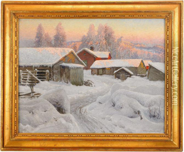 Aftonrodnad Over Norrlandsk Gardsmiljo Oil Painting - Anshelm Schultzberg