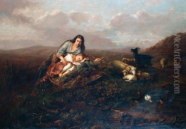 Mother And Child In An Open Landscape Oil Painting - Eugene Joseph Verboeckhoven