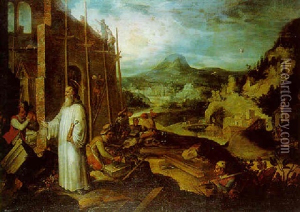 St. Dominic Supervising Artisans Constructing A Church Oil Painting - Paolo Fiammingo