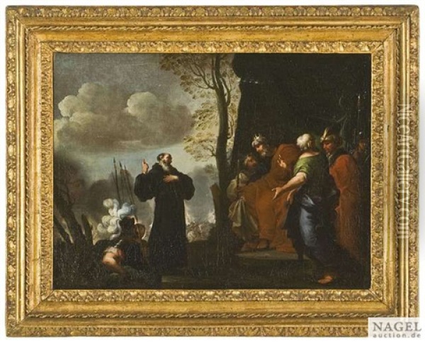 Ein Heiliger Monch Disputiert Mit Einem Konig Und Seinem Gefolge, Im Hintergrund Schlachtenszene Oil Painting - Luigi Garzi