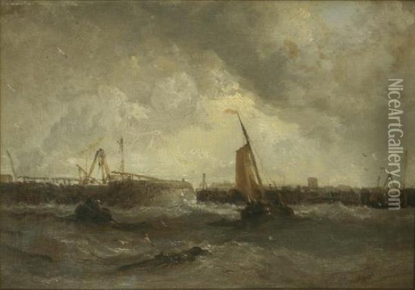 Shipping Off A Quay Oil Painting - James Webb