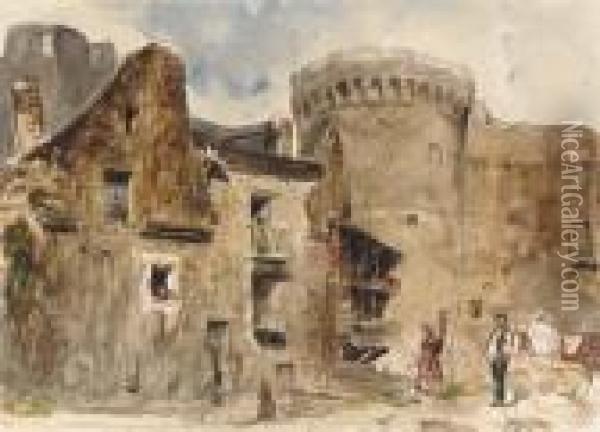 Une Tour Medievale Et Des Habitations A Vitre, Des Personnages Au Premier Plan Oil Painting - Paul Huet