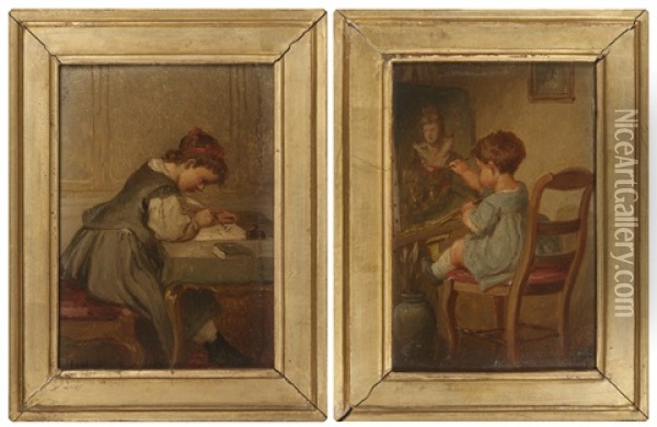 La Peinture; L'ecriture (2 Works) Oil Painting - Francois-Louis Lanfant