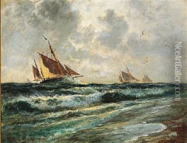 Seascape With Sailing Ships Off The Coast Of Skagen, Harsh Weather Oil Painting - Holger Henrik Herholdt Drachmann