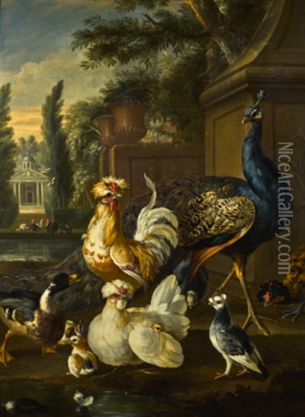Wildfowl And A Peacock In A Palace Courtyard Oil Painting - Pieter Casteels III