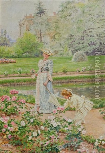 Jeune Femme Et Sa Fille Cueillant Des Fleurs Oil Painting - Marie Francois Firmin-Girard