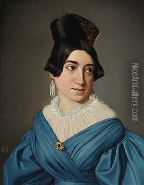 Portrait Of A Young Girl In A Blue Dress With A Gold Brooch. Her Hair With A Large Bone Buckle And Large Pearl Ear Studs Oil Painting - Niels Peter Holbech