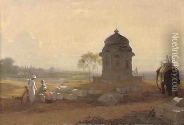 Indian landscape with a monument, figures and an elephant in the foreground Oil Painting - William Frederick Witherington