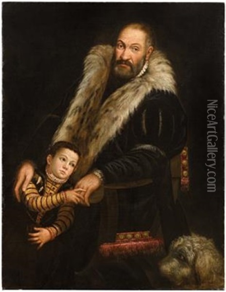 Portrait Of A Gentleman And A Child With A Dog Oil Painting - Giovanni Antonio Fasolo