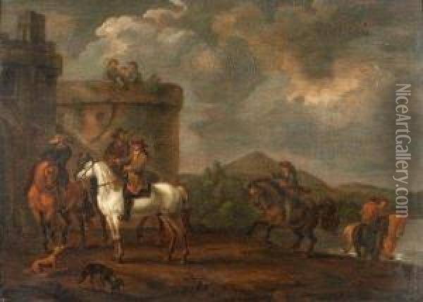 Cavaliers Au Bord De La Riviere Oil Painting - Hendrick Verschuring