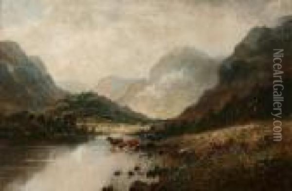 Alfred Fontville De Breanski (exh. 1880-1919) 
Cattle Watering In A Highland Landscape Oil Painting - Alfred de Breanski