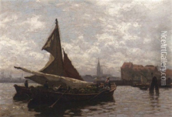 Segelboote Bei Der Einfahrt In Einen Hollandischen Hafen Oil Painting - Julius Friedrich Ludwig Runge