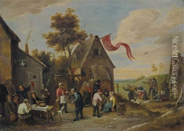 The Kermesse Of Saint George With Peasants Feasting Before An Inn Oil Painting - Thomas Van Apshoven