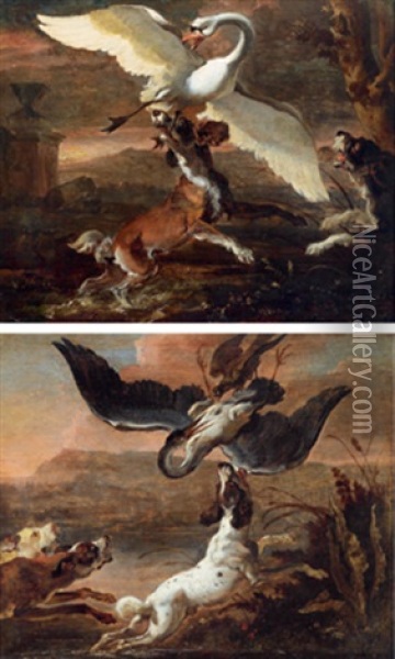 Zwei Hunde Jagen Einen Schwan (+ Drei Hunde Und Ein Falke Jagen Einen Schwan; Pair) Oil Painting - Abraham Danielsz Hondius