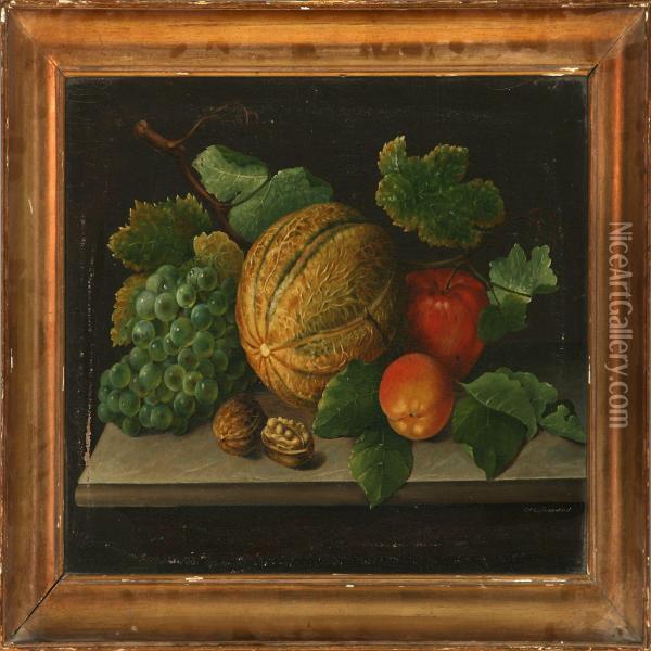 A Pair Of Still Lifes With Fruits On Stone Frames Oil Painting - Christine Marie Lovmand