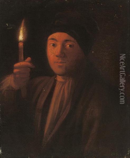 A Man Raising A Lit Candle Oil Painting - Gabriel Gresly