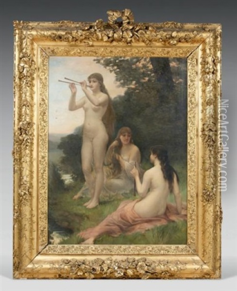 Trois Nymphes Musiciennes Denudees, Au Bord D'un Cours D'eau Oil Painting - William-Adolphe Bouguereau