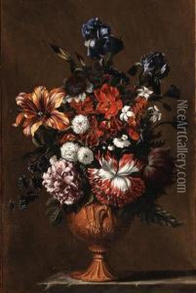 Irises, A Tulip, A Poppy, A 
Rose, Jasmine And Other Flowers In Asculpted Urn On A Stone Ledge--in A 
Painted Wooden Surround Oil Painting - Jean Baptiste Belin de Fontenay