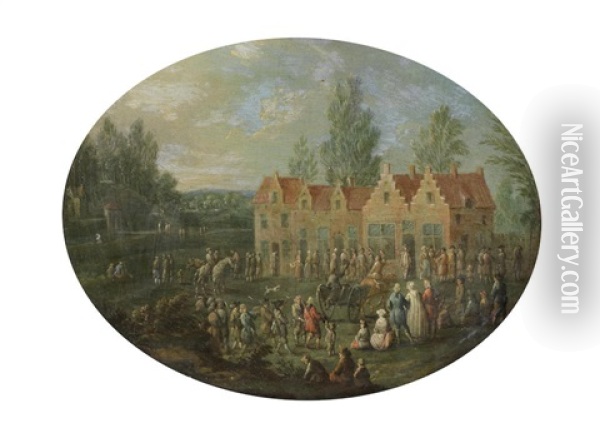 Figures Gathered By A Large Country House, A Landscape Beyond Oil Painting - Mathys Schoevaerdts