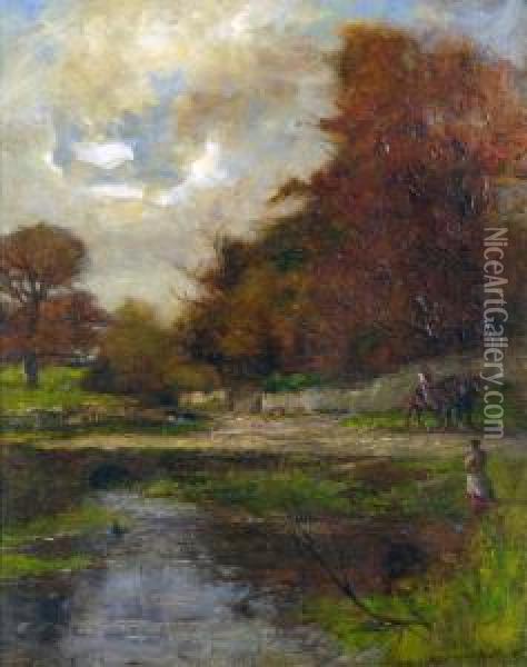 An Autumn Backwater, With Figures And Horses Oil Painting - Joshua Anderson Hague