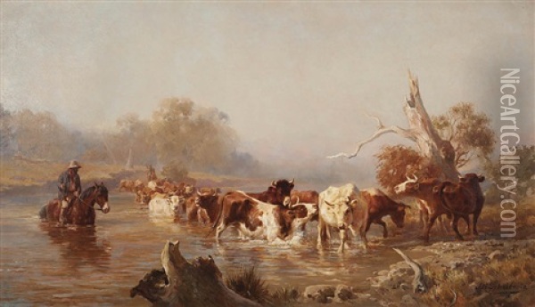 Cattle Crossing Oil Painting - Jan Hendrik Scheltema