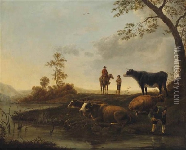 Herdsmen And Their Cattle On A River Bank Oil Painting - Jacob Van Stry