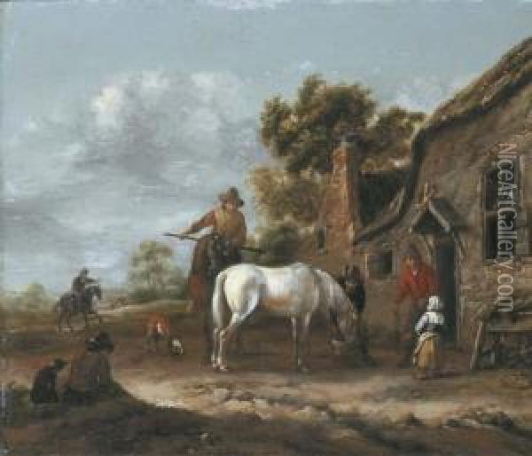 Travellers Resting And Watering Their Horses At A Tavern Oil Painting - Barent Gael