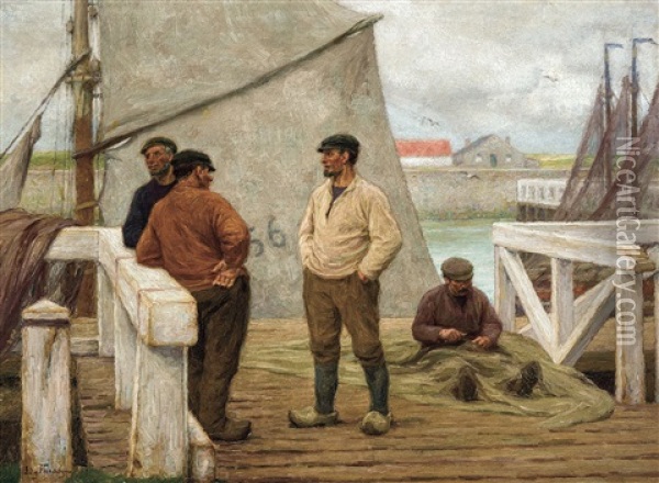 Pecheurs A L'estacade De Zeebruges Oil Painting - Edgard Farasyn