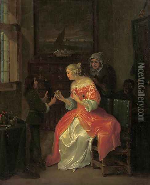 A page presenting a portrait miniature to an elegant lady in an interior Oil Painting - Eglon van der Neer