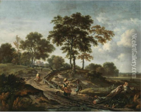 A Landscape With Peasants Conversing On A Countryside Path Oil Painting - Jan Wijnants