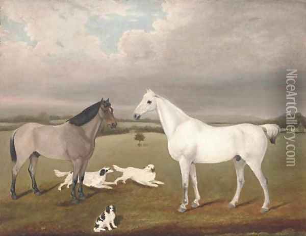 Two horses with three dogs in a landscape Oil Painting - English School