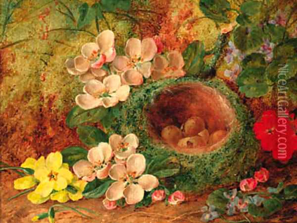 A bird's nest with apple blossom and primulas on a mossy bank Oil Painting - Vincent Clare