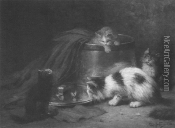 Curiosity; A Cat With Kittens With A Butterfly On The Lid Of A Bran Vessel Oil Painting - Leon Charles Huber