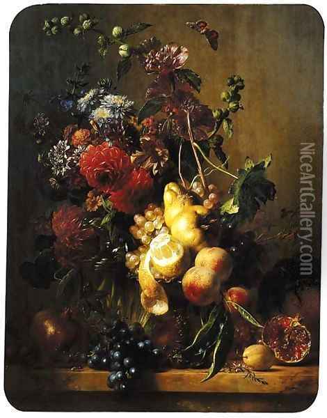 A still life with dahlias, hollyhocks and other flowers in a glass vase and fruit on a gilt tazza Oil Painting - Hendrik Reekers