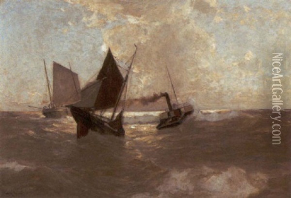 Dampfer Und Segelboote In Bewegter See Oil Painting - Erwin Carl Wilhelm Guenther