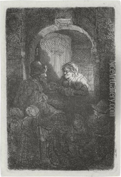 Woman At Door Hatch Talking To A
 Man And Children: The Schoolmaster (b., Holl. 128; H. 192; Bb. 41-n) Oil Painting - Rembrandt Van Rijn
