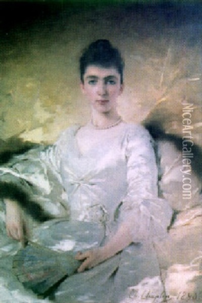 An Elegant Lady Holding A Fan Oil Painting - Charles Joshua Chaplin